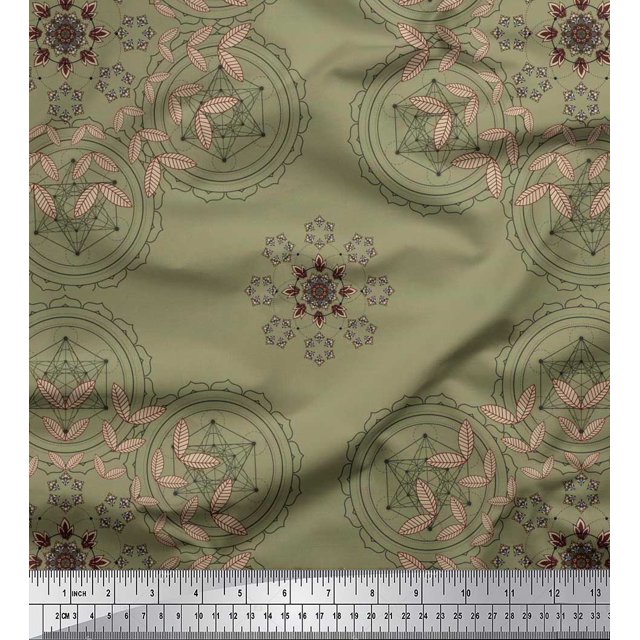 Soimoi Satin Silk Fabric Leaves & Sacred Geometry Geometric Decor Fabric Printed Yard 42 Inch Wide