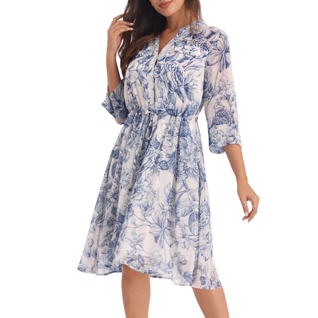 INSPIRE CHIC Robe en Mousseline Florale pour Femme à Manches Mi-Longues, Taille à Nouer, Boutonnée, Évasée, Blanche 2TG