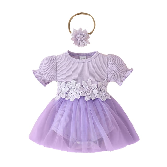 MIASHUI Barboteuse Robe à Manches Courtes Côtelée à Fleurs pour Filles avec Bandeaux, Violet, 3-6 Mois