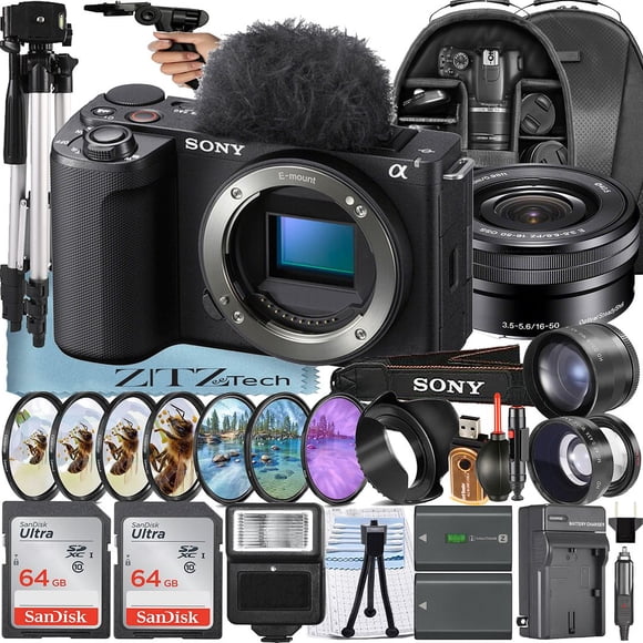 Sony ZV-E10 II Mirrorless Camera (Black) with 16-50mm Lens + 2 Pack 64GB Memory Card + Backpack + Telephoto + ZeeTech Accessory Bundle