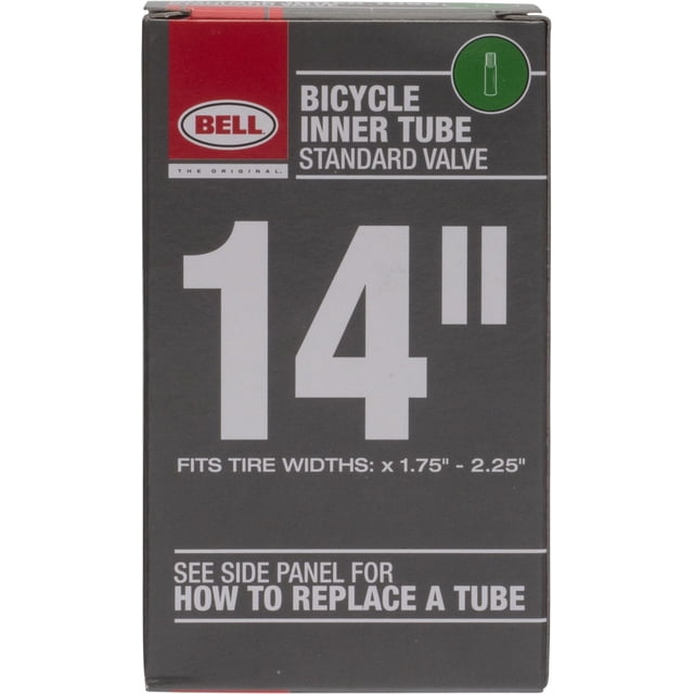 Bell Sports Bike Tube 14 inch x 1.75 to 2.25 inch inner tube with standard Schrader valve, packaged in black and red box with side panel instructions for tube replacement, compatible with kids and BMX bikes.
