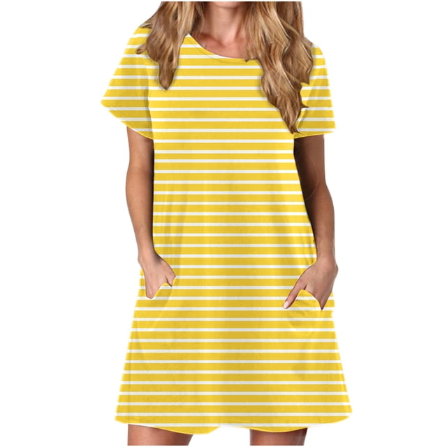 FcBaudy Robe à Manches Courtes à Col Rond Longueur Genou, Robes d'Été pour Femmes Robe T-Shirt d'Été Décontractée pour Femmes Tunique Ample à Manches Courtes avec Poches pour Femme Jupe Imitation Coton