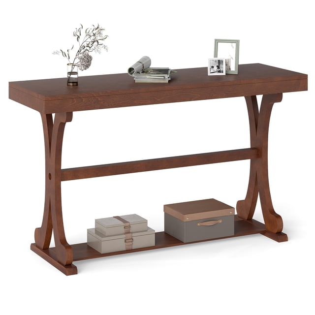 Gymax Narrow Console Table Vintage Accent Sofa Table w/ Open Storage Shelf Walnut