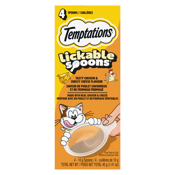 TEMPTATIONS Cuillères à Lécher Gâteries pour Chats Adultes Saveur de Poulet Savoureux & de Fromage Très Fromagé 4 Cuillères