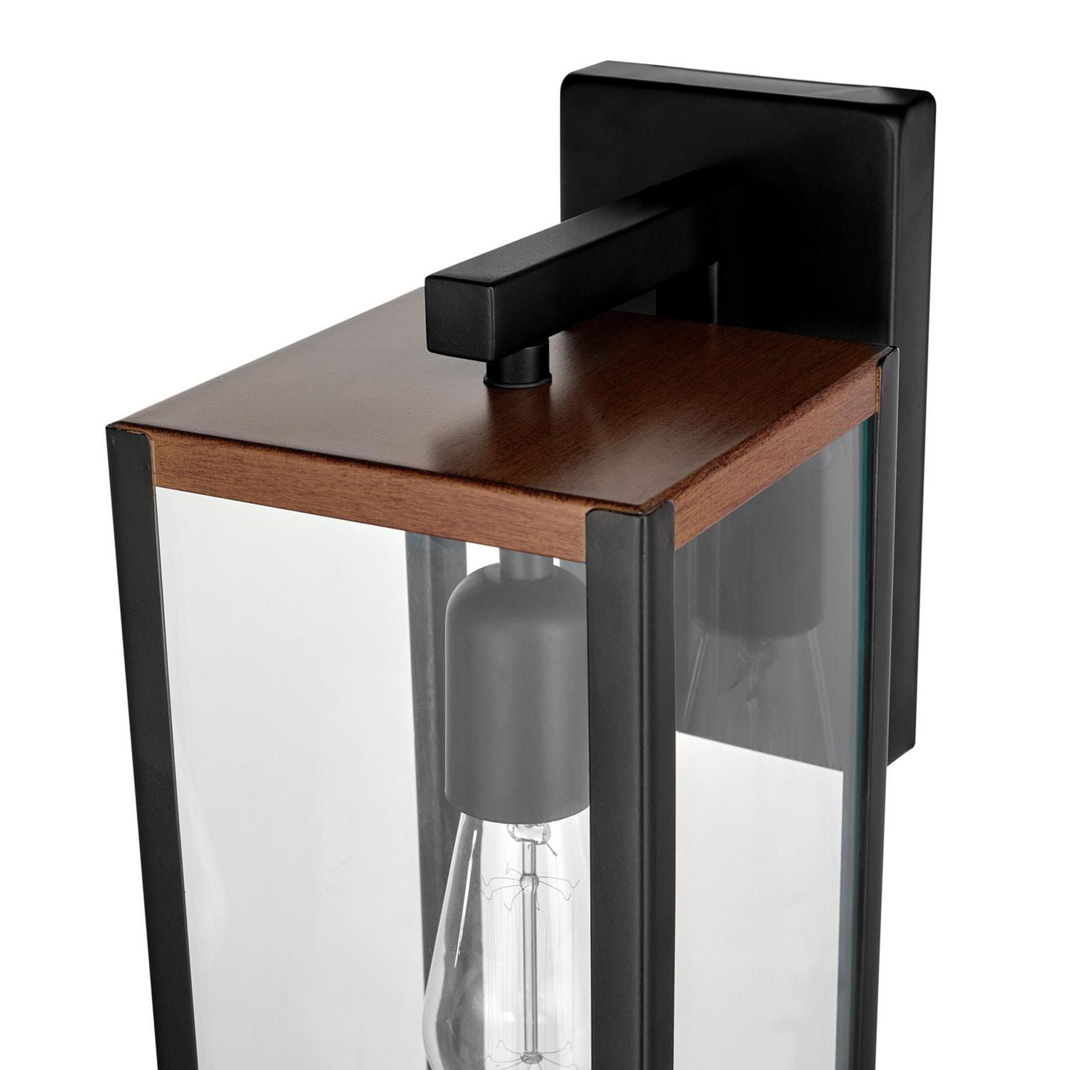 1-Light Matte Black Outdoor Indoor Wall Sconce with Faux Wood Accents and Clear Glass Shade
