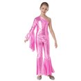 thumbnail image 3 of MSemis Girls Hippie Jumpsuit One Shoulder Flared Long Sleeve Bell-Bottom Pants Wide Leg Romper Disco Pink 8, 3 of 7