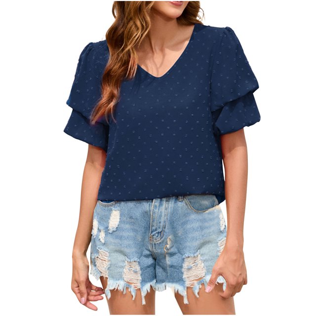 FAIWAD Women's V Neck Ruffle Tops Summer Flowy Short Sleeves Blouse Loose Casual Dressy Work Tops