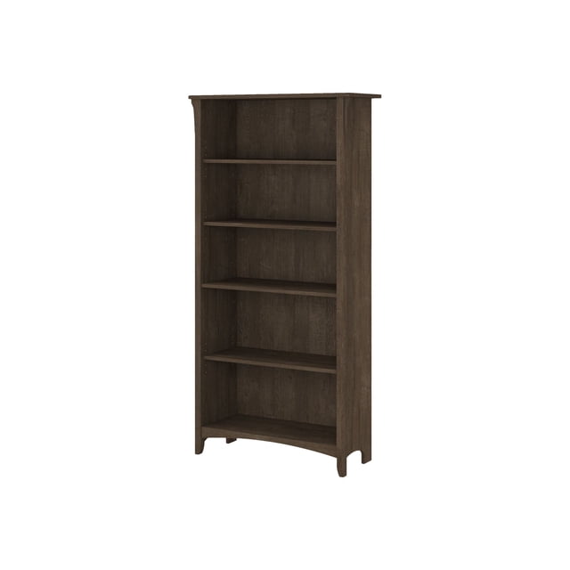 Bush Furniture Salinas Tall 5 Shelf Bookcase in ash brown distressed finish, perfect for bedroom, living room, or home office. Features Mission-style tapered legs, curved base rails, three adjustable shelves, and two fixed shelves for stability. Ideal for books, decorations, and photos. Measures 32W x 12D x 63H.