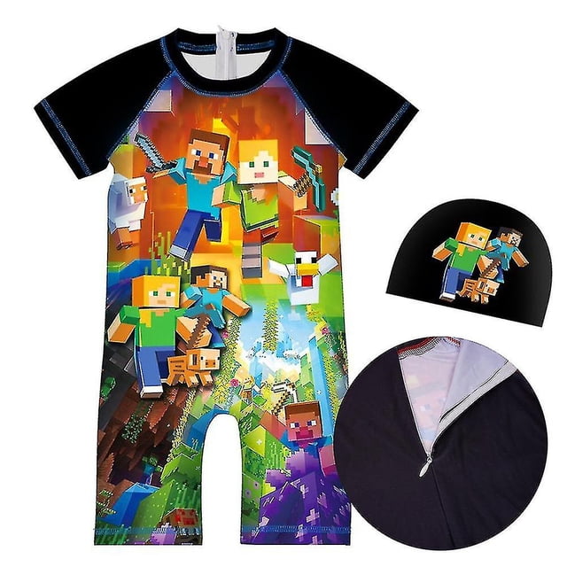 Minecraft Maillot de Bain une Pièce Imprimé pour Garçons, Combinaison de Surf, Ensemble Bonnet de Bain avec Motifs Colorés de Personnages Minecraft. Comprend un Maillot une Pièce à Manches Courtes avec Fermeture Éclair au Dos et Bonnet de Bain Assorti. Fabriqué en polyester, Idéal pour les Enfants de 4 à 9 Ans, Parfait pour la Natation Ou les Activités de Surf.