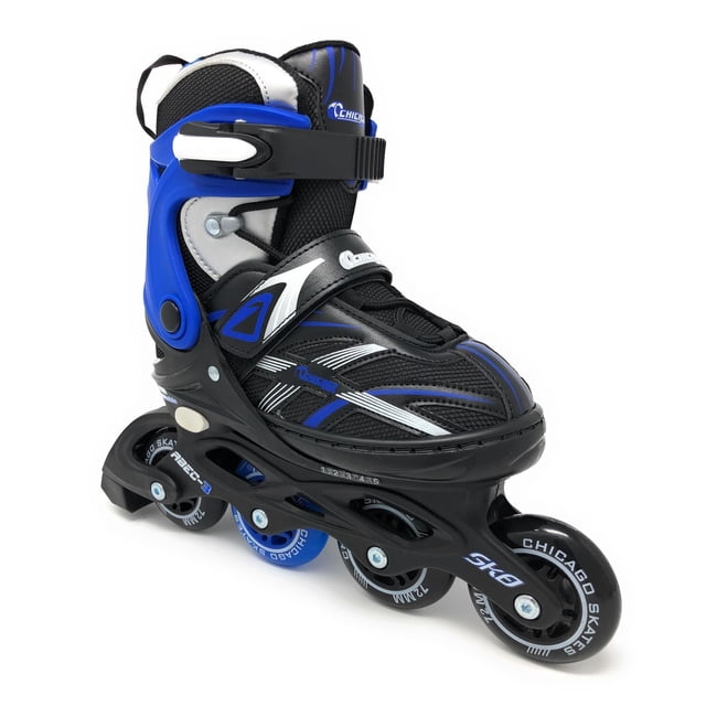 Chicago Skates Blue MA7 Adjustable Inline Skates in a 3/4 profile view featuring a black and blue breathable nylon mesh boot with white and blue accents, secured by laces, a power strap, and a micro ratchet buckle. The black nylon frame holds four 72mm 82a urethane wheels with ABEC-3 bearings, adjustable for five full shoe sizes via push-button. Suitable for kids skating at rinks, parks, or neighbourhood streets, also often used for fitness skating.