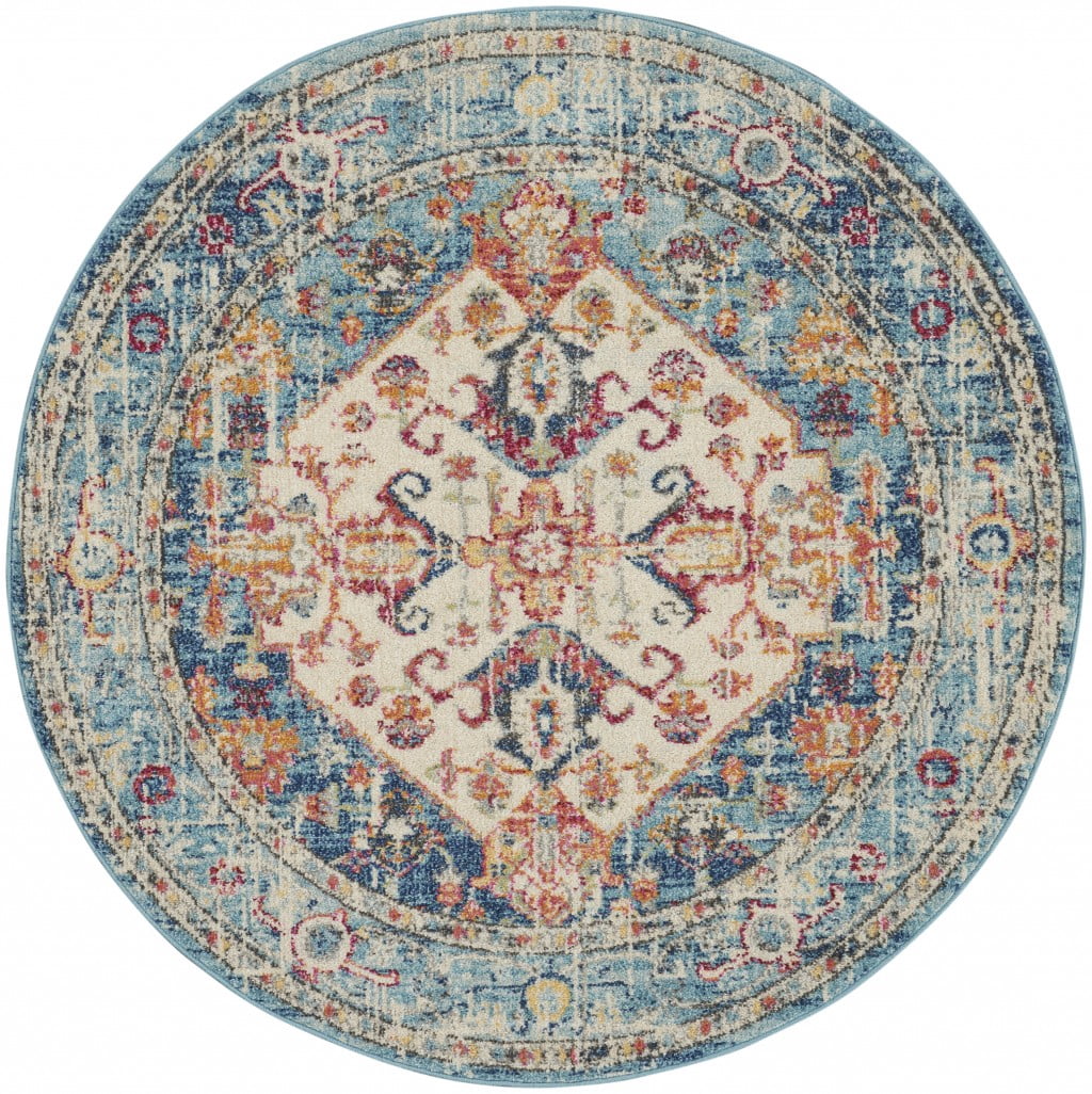 homeroots home decor 385549 4’ Round Ivory and Light Blue Distressed Area Rug
