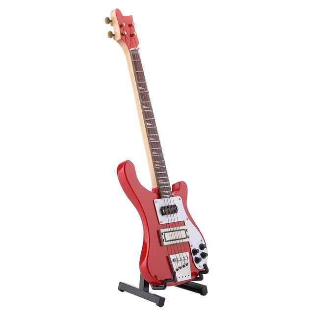 Instruments de Musique Miniatures Guitare Basse Rouge Bois de Bass Rouge Réplique de Guitare Basse avec Support et Étui Modèle d'Instrument Ornements Cadeau de Noël