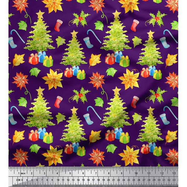 Soimoi Purple Cotton Poplin Fabric Gifts & Christmas Tree Print Fabric by Yard 56 Inch Wide
