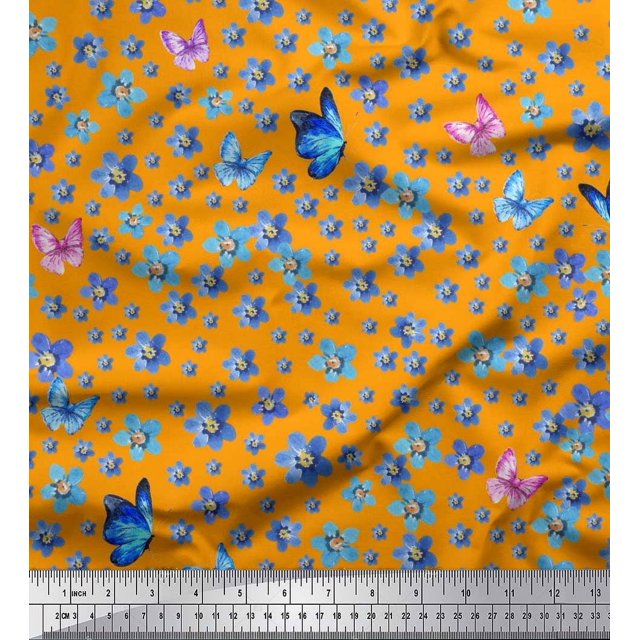 Soimoi polyester Crepe Fabric Butterfly & Flower Floral Print Fabric by Yard 52 Inch Wide