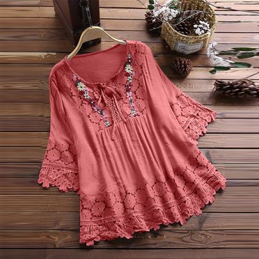 Meichang Blouses en Lin pour Femmes Vintage en Dentelle Patchwork avec Nœud Col en V Broderie Été Manches Trois Quarts Rétro Unies Hauts T-Shirts, Hauts en Coton et Lin pour Femmes Manches 3/4 Rose G