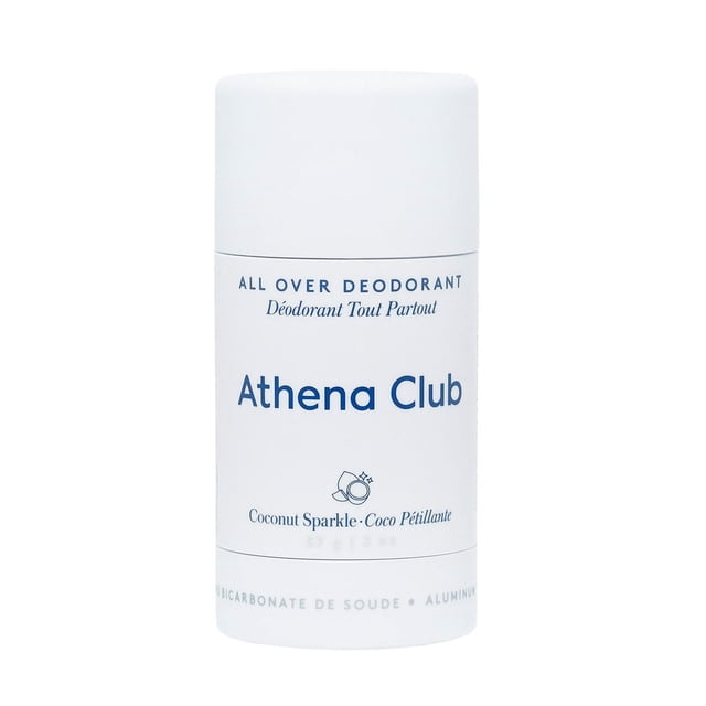 Athena Club All Over Deodorant Coconut Sparkle in a white cylindrical stick container with blue text and a coconut icon, a natural deodorant designed for all-over body use, offering long-lasting odor protection without baking soda, ideal for sensitive skin.
