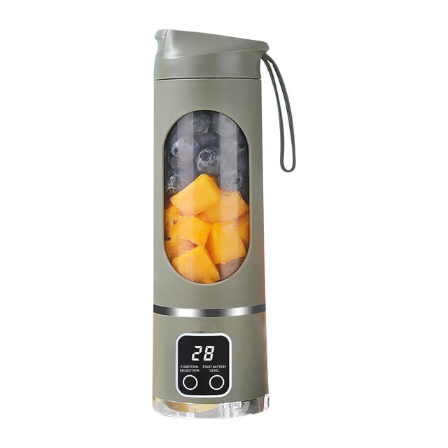 TopLLC Portable Juicer Small And Rechargeable Fruit Juicer Machine, shown in a sleek grey design with a transparent blending chamber filled with diced mangoes and blueberries. Features a digital display and two control buttons at the base. Equipped with a carrying strap for portability, ideal for students, households, and outdoor use.