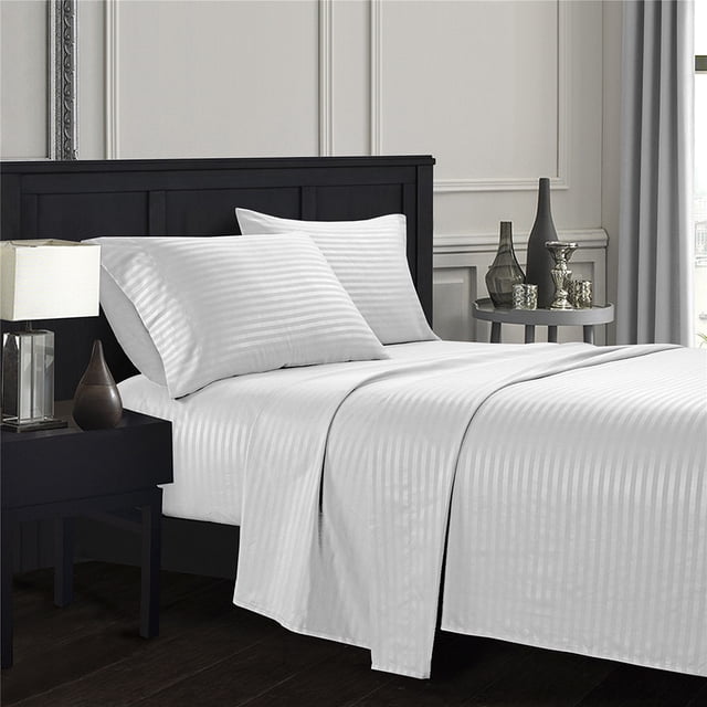 YYAO Full Size Luxurious Striped Sheet Set for Home Hotel, 4 Piece, White