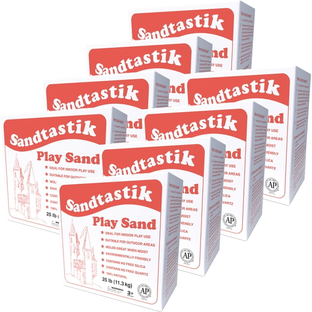 Sandtastik Sparkling White Play Sand, 200 lb, displayed as eight 25 lb boxes with red and white packaging. The sand is non-toxic, silica-free, and suitable for sandboxes, water tables, and beach toys. Perfect for sensory and creative play indoors or outdoors.