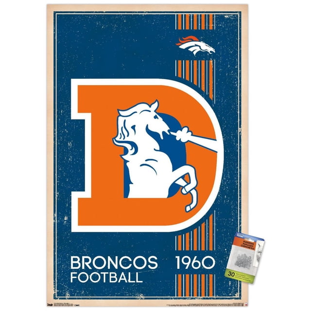 NFL Denver Broncos - Retro Logo 14 Wall Poster, 22.375" x 34" featuring a large orange letter D with a white bronco horse exhaling steam inside, set on a distressed blue background with vertical orange and white stripes, the text 'BRONCOS FOOTBALL 1960' below, and a small Denver Broncos horse head logo at the top right corner, ideal for sports fan room decor or party decoration.