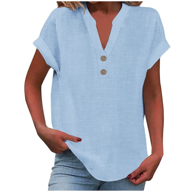RKSTN Womens Summer Tops Fashion Cotton and Linen Buttons Going out Tops Basic Solid Color Shirts V-Neck Short Sleeve Loose Fit Pullover Tops