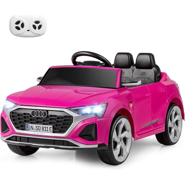 Licensed Audi SQ8 Ride on Car by OLAKIDS in pink, designed as a realistic SUV with LED headlights, adjustable music, and a remote control. This 12V battery-powered electric vehicle features seat belts, suspension, and non-slip tires for safety and stability. Ideal for preschool vehicles and playsets, suitable for kids aged 3+, with a weight capacity of 66 lbs and speeds up to 3.11 mph.