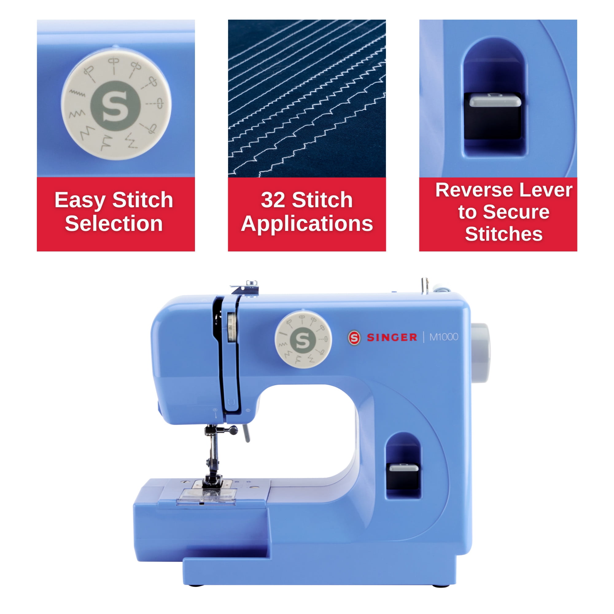 SINGER® M1000 Blue Portable Mending Machine, 4 Built-In Stitches, Free Arm, Accessories Included