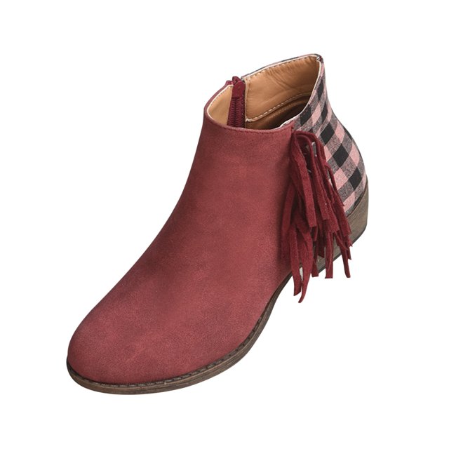 XZNGL Chaussures pour Femmes Décontractées Mode à Franges à Carreaux à Franges à Empiècements Rétro en Suède Givré Bottines à Talon Moyen