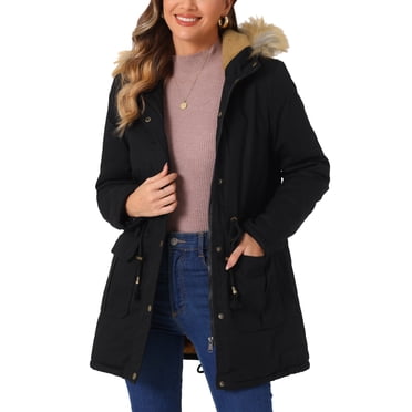 INSPIRE CHIC Women's Winter Parka Jacket Warm Windproof Long Puffer Coat with Faux Fur Hood L Black