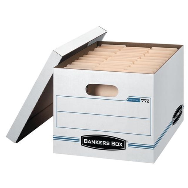 Bankers Box® Stor/File™ Standard Strength Storage Boxes - 3pk with a white storage box open to reveal hanging file folders inside, featuring double-end, single wall sides and double bottom construction for moderate stacking, suitable for moving, shipping, and household storage.