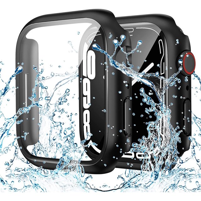 XiHAMA Waterproof Case Compatible with Apple Watch SE (2nd Gen) Series 6 5 4 Screen Protector, Tempered Glass Hard PC Bumper Face Cover