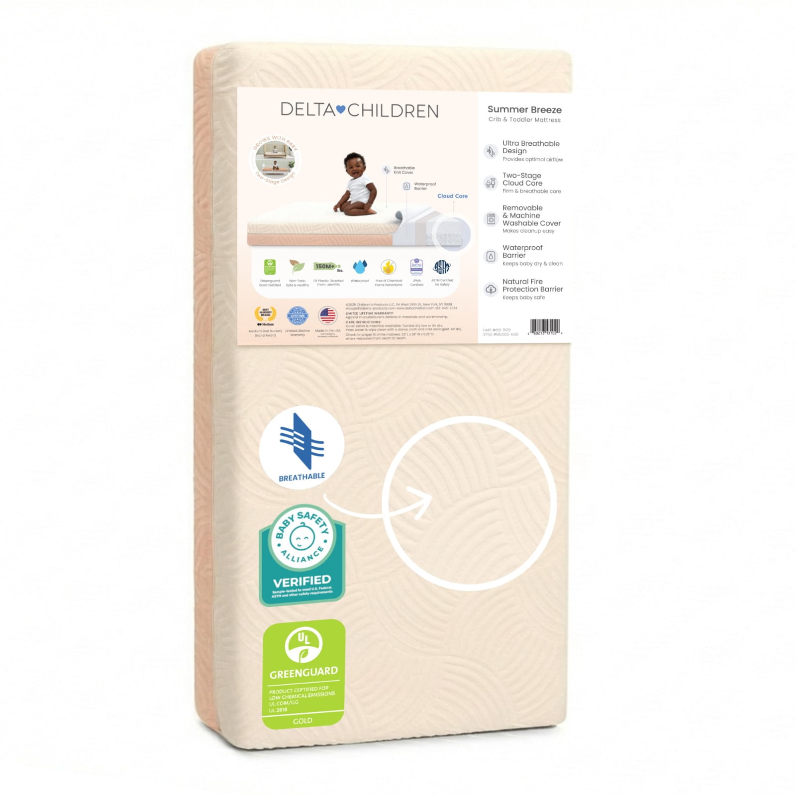 Delta Children Summer Breeze Mattress - Breathable Baby Crib and Toddler Mattress with Cloud Core - Removable/Machine Wash Cover - GREENGUARD Gold – Waterproof - Sustainably Sourced Core Fiber Core