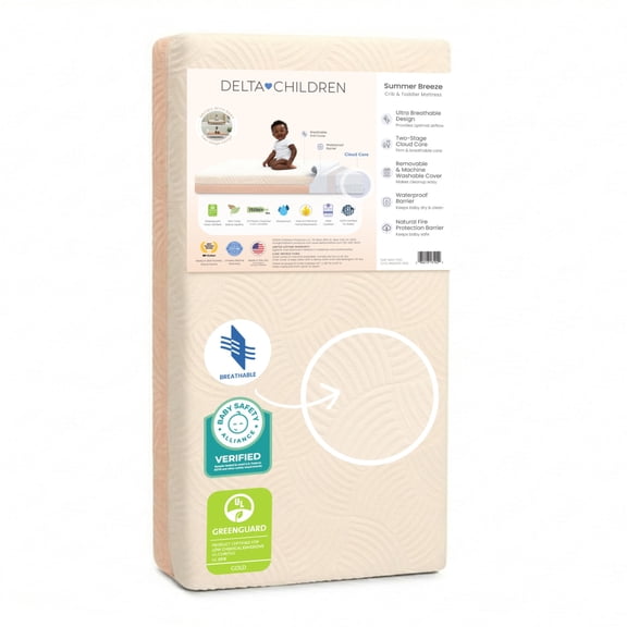 Delta Children Summer Breeze – Matelas respirant pour lit de bébé et tout-petit avec noyau Cloud Core, housse amovible lavable à la machine, imperméable, certifié GREENGUARD Gold