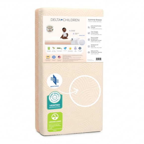 Delta Children Summer Breeze Mattress - Breathable Baby Crib and Toddler Mattress with Cloud Core - Removable/Machine Wash Cover - GREENGUARD Gold – Waterproof - Sustainably Sourced Core Fiber Core