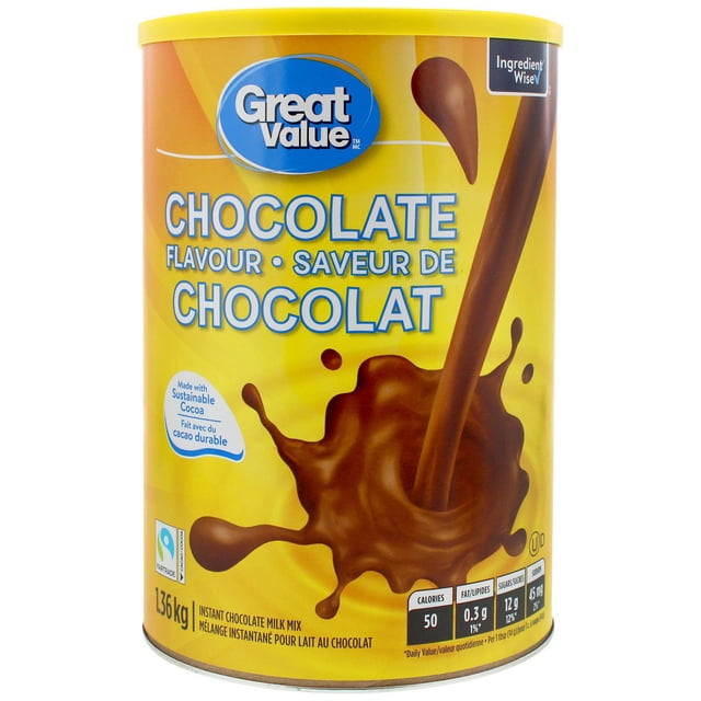 Great Value Chocolate Flavour Instant Chocolate Milk Mix in a 1.36 kg yellow container with a yellow lid, featuring a chocolate milk splash graphic and labels highlighting sustainable cocoa, iron source, and vitamins A, C, and niacin content, suitable for mixing with cold or heated milk.