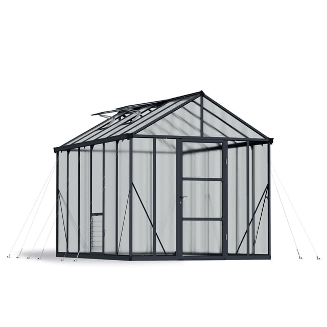 CANOPIA by PALRAM Glory 8 ft. x 12 ft. Premium Greenhouse Kit in grey with a reinforced powder-coated aluminum frame and 10 mm twin-wall polycarbonate panels, featuring a tall roof, wide entrance door, roof vent, and guy wire supports for enhanced stability, ideal for extended gardening seasons.