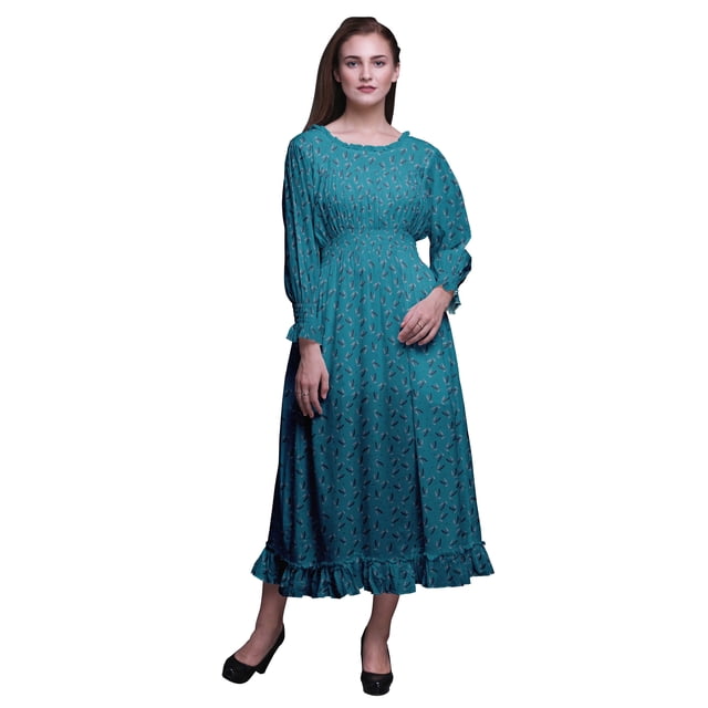 Bimba Robe Smockée à Manches Longues pour Femmes, Col Rond, Volants, Été, Maxi-TP