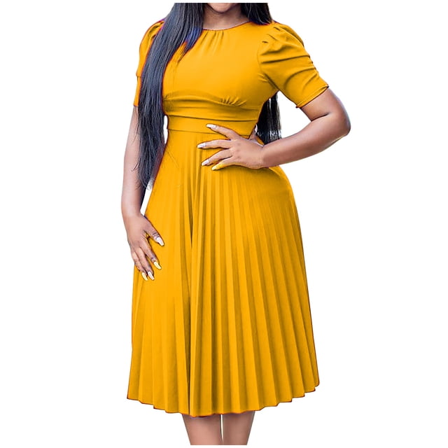 LOVZFMLL Robe d'Été pour Femme Grande Taille2025 Décontractée à Manches Courtes Taille Empire Coupe Ample Évasée Plissée Maxi Robe T-Shirt Jaune G