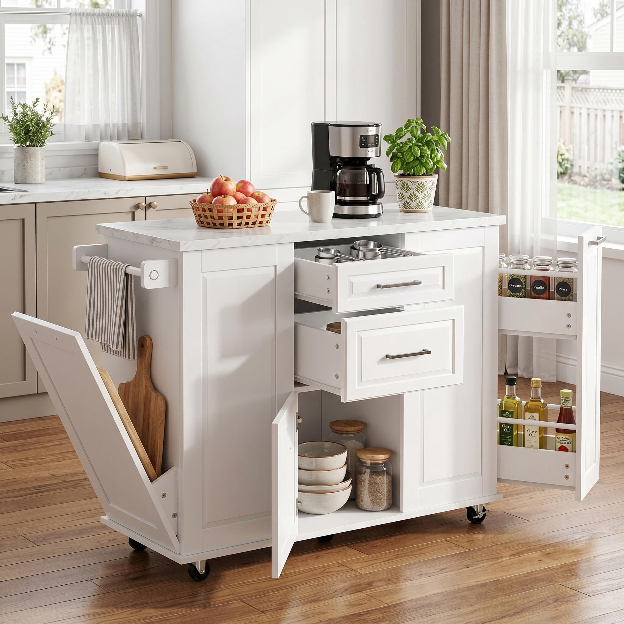 Homy Casa Kitchen Island Cart with Trash Bin, Storage, Foldable Top, White, 50.7"