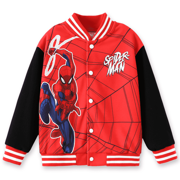 Blouson Bomber Marvel pour Garçon, Chandail en Molleton Spider-Man Noir et Rouge de Style Universitaire, Léger, Cadeau Automne Printemps 6-7 Ans
