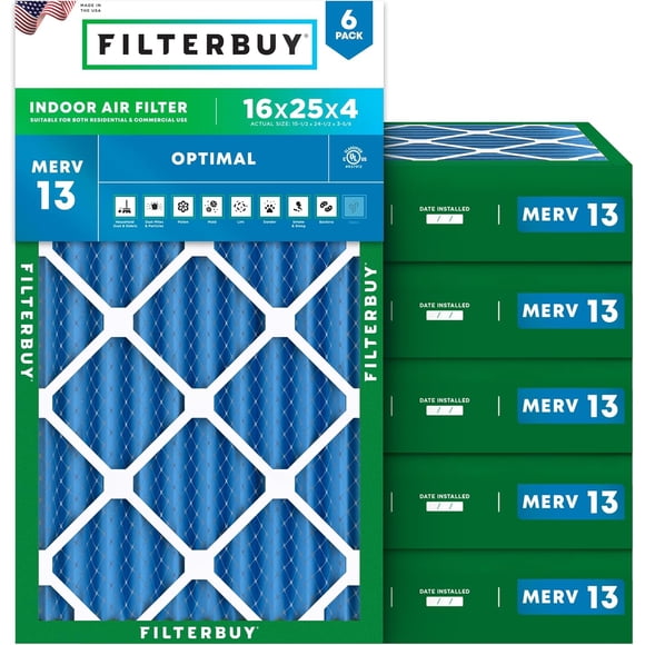 Filterbuy 16x25x4 MERV 13 (MPR 1900) Health Defense, Pleated HVAC AC Furnace Air Filters (6-Pack)