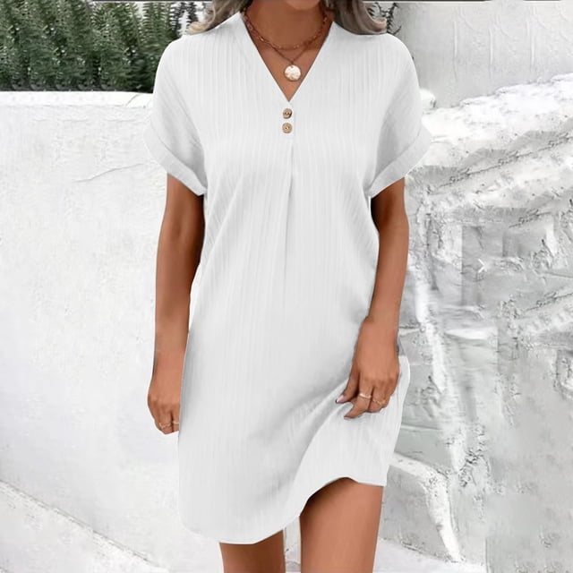 FcBaudy Robe à Manches Courtes Col en V Longueur Genou, Robes d'Été pour Femmes, Robes Décontractées pour Femmes Col Rond Manches Courtes avec Poches Fendue à Ourlet Croisé Robe pour Femmes