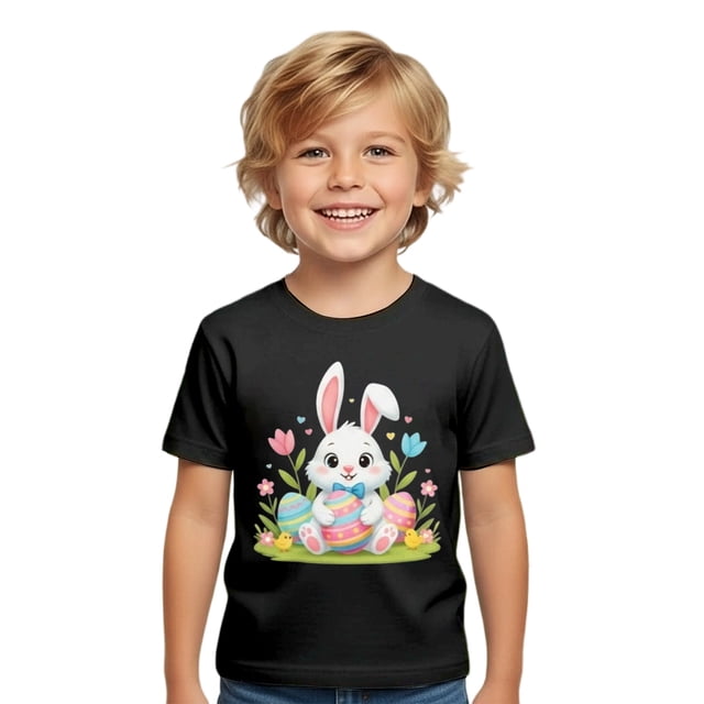 GDREDA T-Shirts Graphiques de Pâques pour Garçons Doux Décontractés à Manches Courtes Hauts Colorés pour Enfants Noir, 4-5 Ans