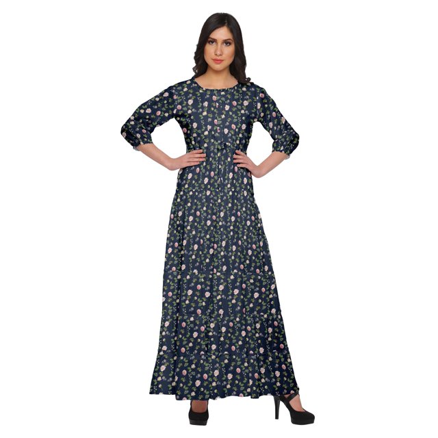 Moomaya Printed Round Neck 3/4 Sleeve Long Maxi Dress With Drawstring Waist