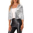 thumbnail image 4 of INSPIRE CHIC Boléro à Paillettes pour Femme Manches 3/4 Ouvert à l'Avant Scintillant Brillant Blazer Court Vestes Argent TP, 4 of 6