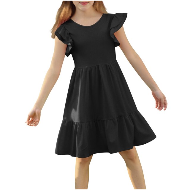 DecSea Robes d'Été à Volants Double Couche pour Filles Décontractées Unies Col Rond Robe de Plage