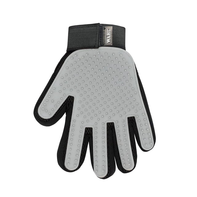 Wahl Gant de Désincrustation pour Chat - Modèle 58528, Gant de Toilettage pour Main Droite avec Dos en Maille Respirante Noire et Paume en silicone Gris Pâle avec Embouts en silicone Souple pour Enlever la Fourrure de Chat en Vrac. Il Comprend une Dragonne à Velcro Ajustable avec l'Étiquette Wahl, Conçu pour Masser et Désincruster les Chats Confortablement Tout en Prévenant la Sueur des Mains.