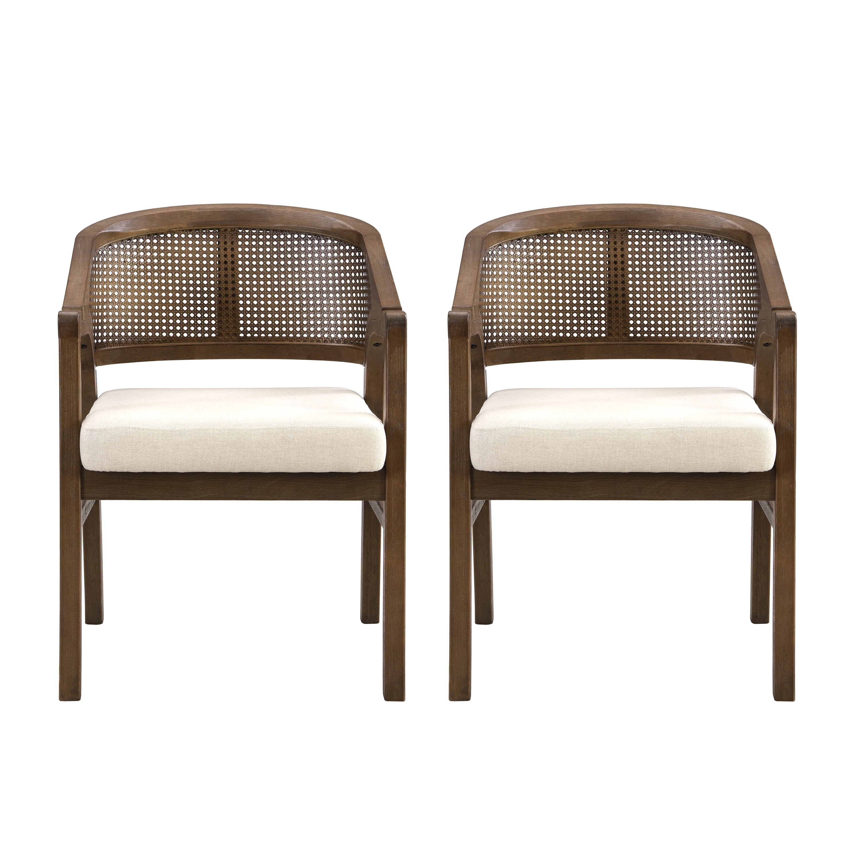Chaises de salle à manger Noble House avec structure en bois, ensemble de 2, dossier en rotin et assise rembourrée, beige et noyer