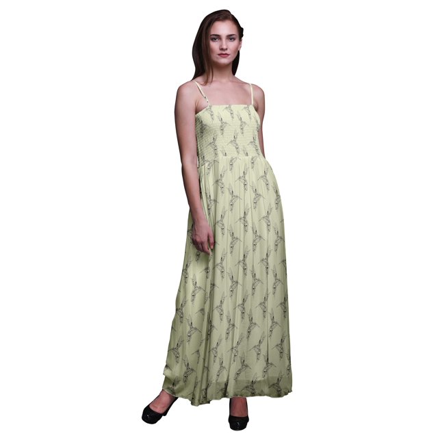 Bimba Robe Longue Maxi à Corsage Smocké pour Femmes à Imprimé d'Oiseau Pêcheur King - Grande