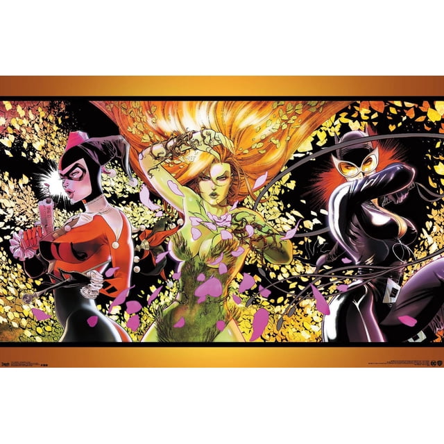 DC Comics Batman - Affiche Murale de Dames Dangereuses, 22,375 Po x 34 Po Représentant Harley Quinn en costume de Bouffon Rouge et Noir Tenant un Pistolet, Lierre Poison avec Peau Verte et Vignes Entourées de Pétales Roses, et Catwoman en Combinaison en latex Noire avec Lunettes de Protection et Fouet, sur Fond de Feuilles Dorées et d'Une Bordure Dégradée orange, Convenant à une Déco Murale Vibrante.